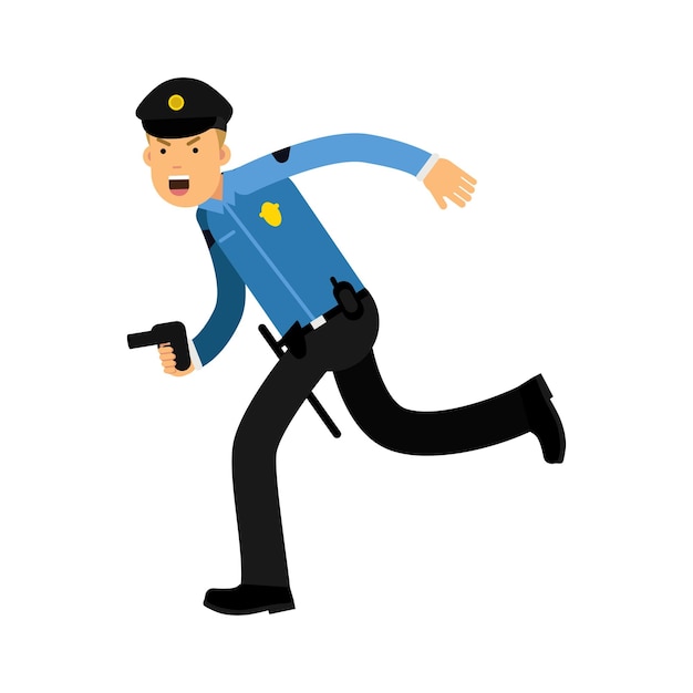 Полицейский персонаж в синей форме работает с векторной иллюстрацией пистолета на белом фоне