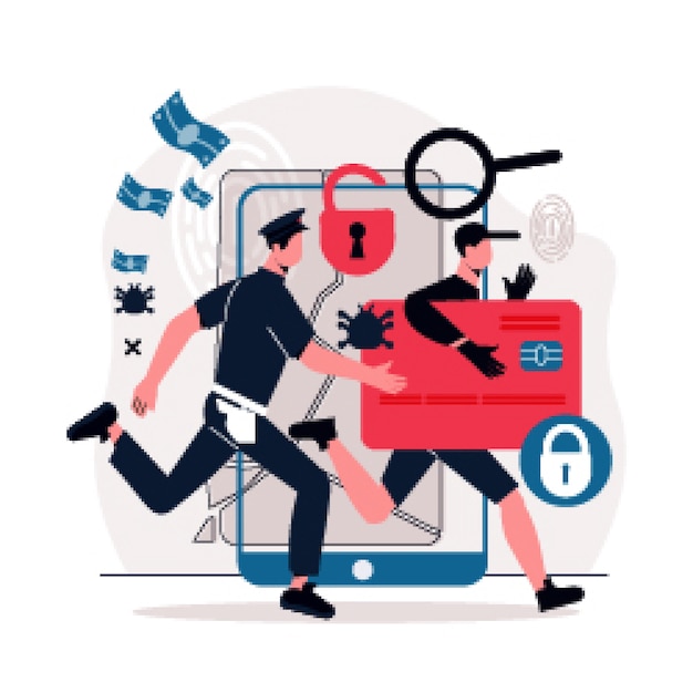 Police  officer  chasing  after  hacker  holding  credit  card  flat    illustration