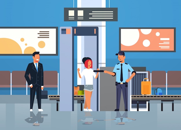 Vector police officer checking passengers and luggage at metal detector x-ray gate full body scanner airport security check department terminal interior