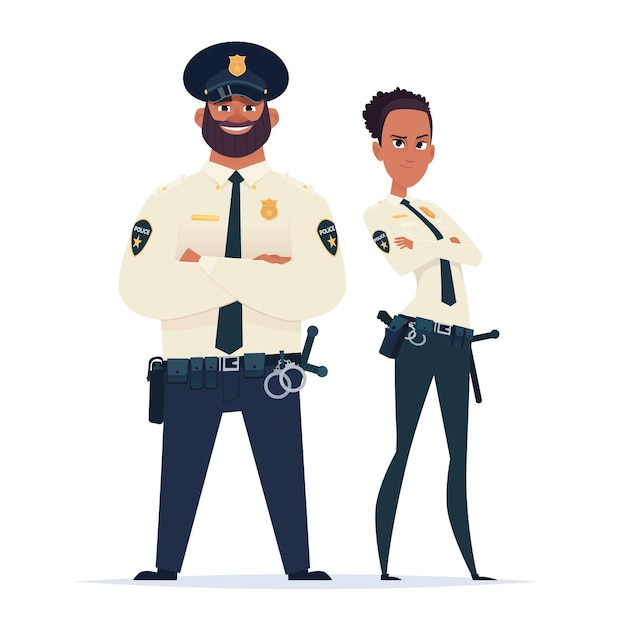 Coppia di agenti di polizia in uniforme in piedi insieme. personaggi della polizia. ufficiali di pubblica sicurezza. guardiani della legge e dell'ordine.