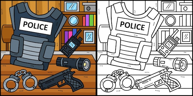 Vector police officer equipment coloring illustration