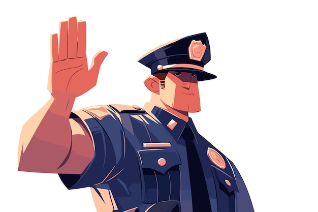 Vector police officer gesturing hello with hand flat vector illustration