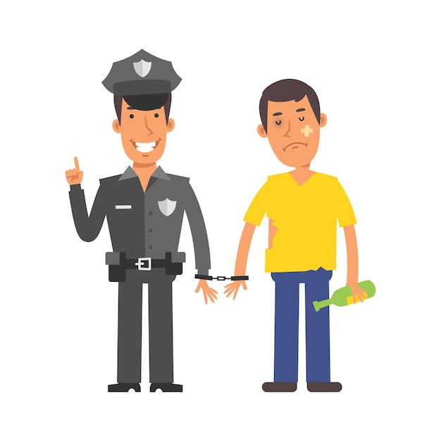 Police officer holding drunk man in handcuffs. Vector characters. Vector Illustration