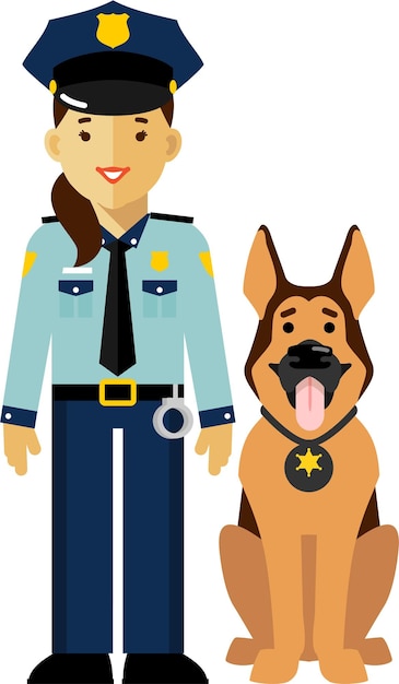 Vector police officer policewoman cop detective with police dog german shepherd sheepdog