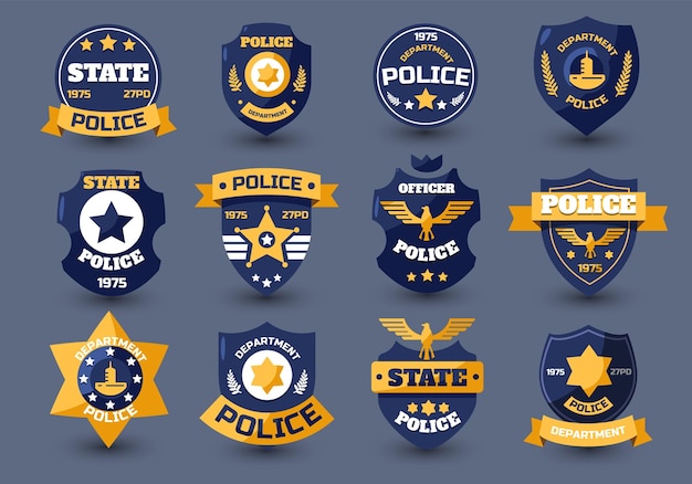 Vector police officer seal policeman badges and sheriff emblems with star and shield law enforcement insignia flat style vector collection