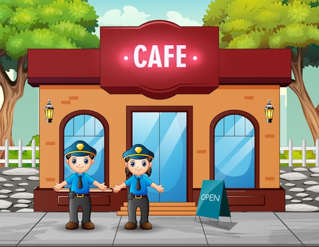 Vector the police officer standing in front the cafe