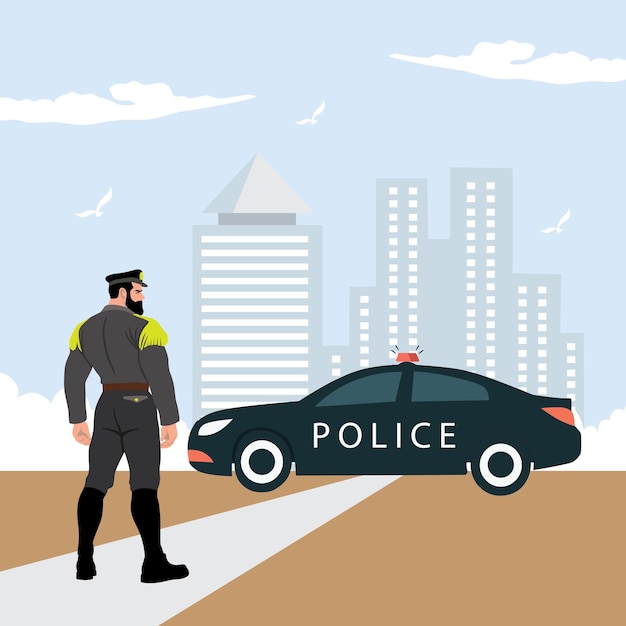 Police officer standing near police car Vector illustration in flat style