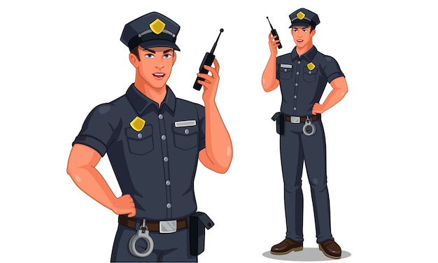 Vettore funzionario di polizia nella posa diritta che parla sull'illustrazione radiofonica del walkie-talkie