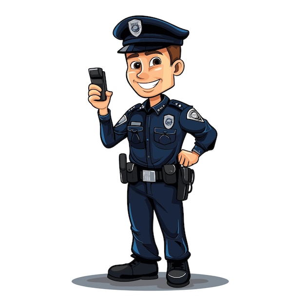 Police officer in standing pose talking on walkietalkie radio cartoon vector