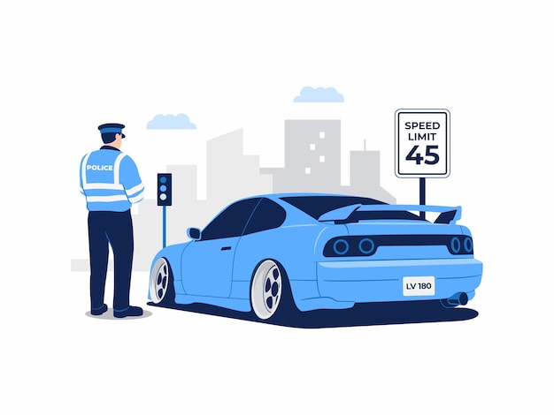 Police officer traffic stopped pulled over car speeding ticket driving offence speed limit sign