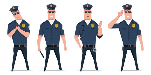 경찰 벡터 세트 수갑, 총 및 지휘봉과 다른 포즈에서 경찰관의 재미있는 만화 캐릭터