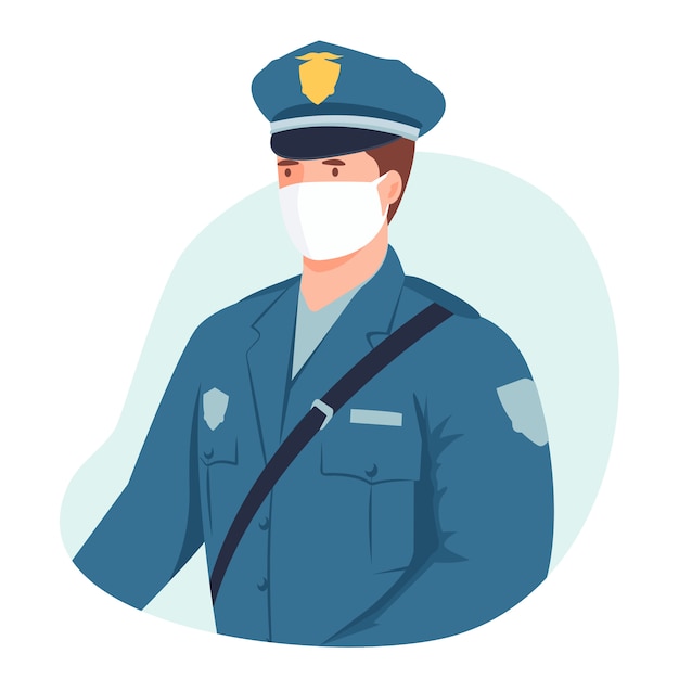 Vector police officer wearing medical mask.