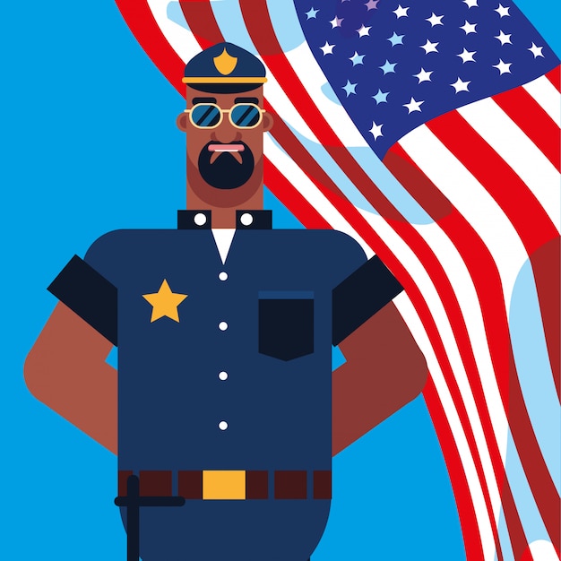 Vector police officer with flag usa