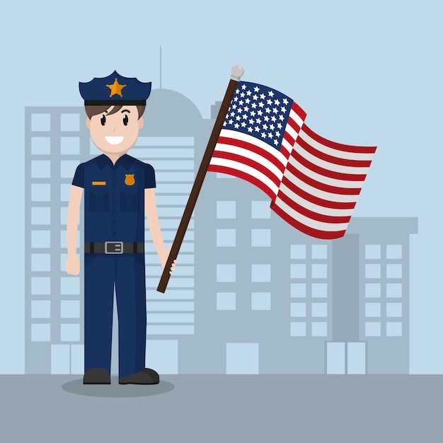 Police officer with united states flag 