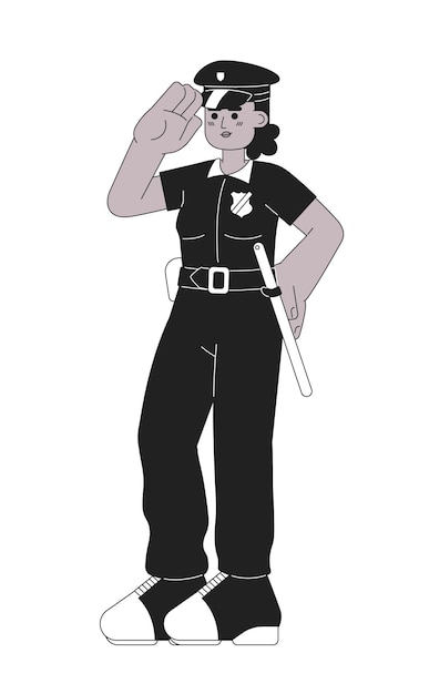 Женщина-полицейский, приветствующая черно-белую мультфильмную плоскую иллюстрацию Детектив-полицейская афроамериканка линейный 2D-персонаж изолированный государственный служащий женщина-полицейский монохромная векторная картина сцены