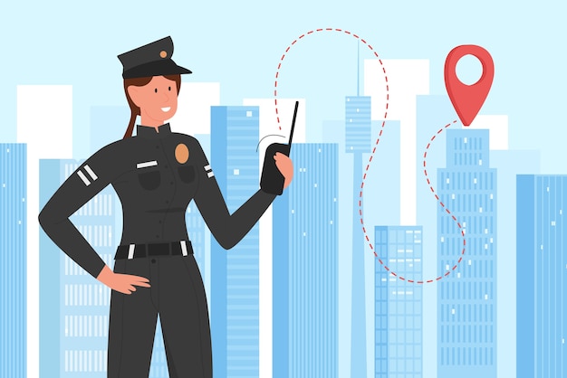 Police officer working in cityscape, cartoon policeofficer patrol character with walkie talkie