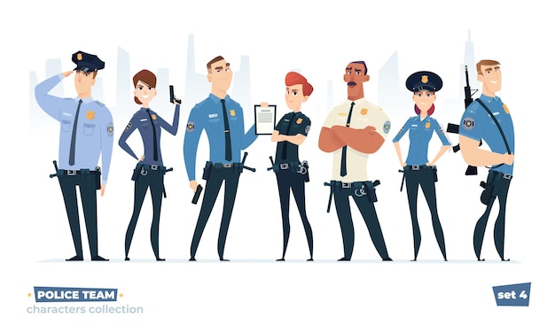 Collezione di agenti di polizia squadra di poliziotti e donne della polizia
