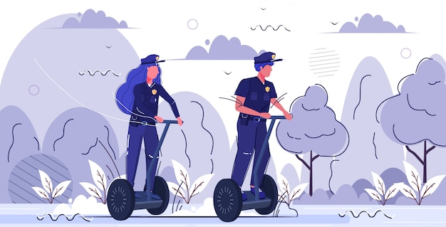 Полицейские пара езда гироскоп доска мужчина женщина в униформе с использованием электрического гироскопа личный транспорт орган безопасности юстиция закон концепция