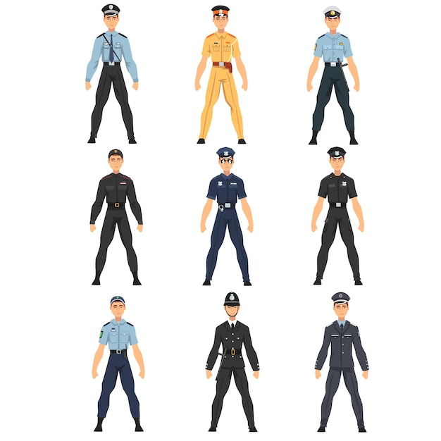 벡터 경찰관 들 은 여러 나라 의 경찰관 들 의 유니폼 을  ⁇ 색 배경 에  ⁇ 터 일러스트레이션 으로 설치 하였다