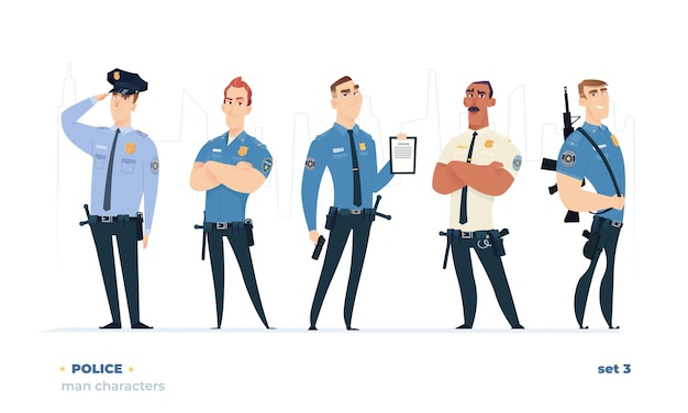 Vector police officers set young cheerful police men set