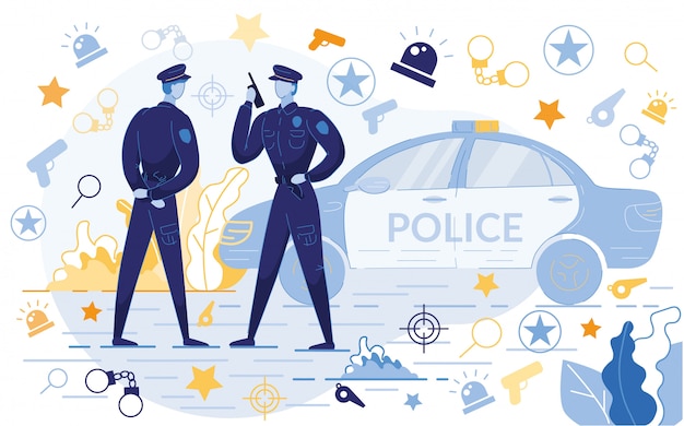 Vector police officers standing near car with icons