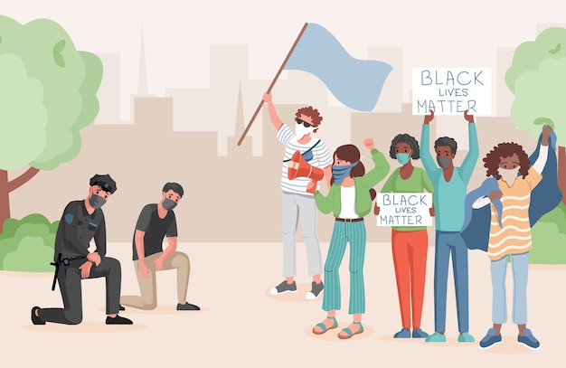 Police officers taking a knee in front of protesting people in city park flat illustration. People meeting, holding flags, and banners with Black lives matter words. Stop racism concept.