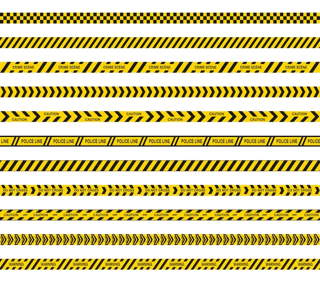 경찰이나 바리케이드 테이프는 교차하지 않습니다. 위험의 검정색과 노란색 줄무늬. 원활한 배리어 라인.