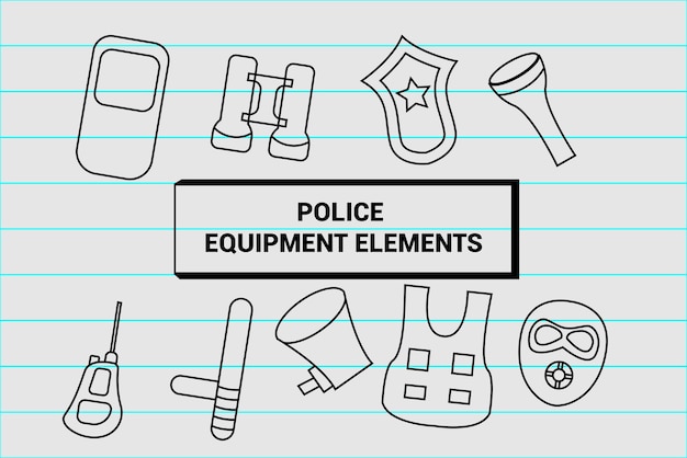 Elementi di contorno della polizia. illustrazione vettoriale di una raccolta di cartoni animati di linea nera, facili da modificare