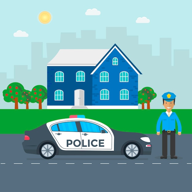 Полицейский патруль на дороге с полицейской машиной, офицером, домом, природным пейзажем. полицейский в форме, машина с мигалками на крыше. плоские векторные иллюстрации.