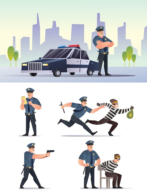 Vector police and robber character with city background set collection cartoon