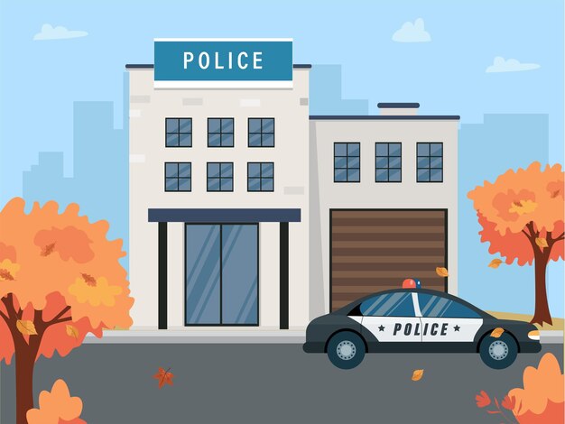 Vector police station building autumn city landscapes vector illustration