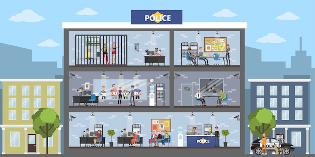 Police station building interior with cops and visitors.