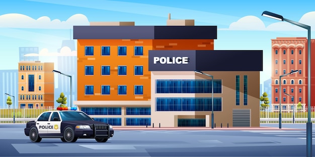 Vector police station building with patrol car on cityscape background police department office in city