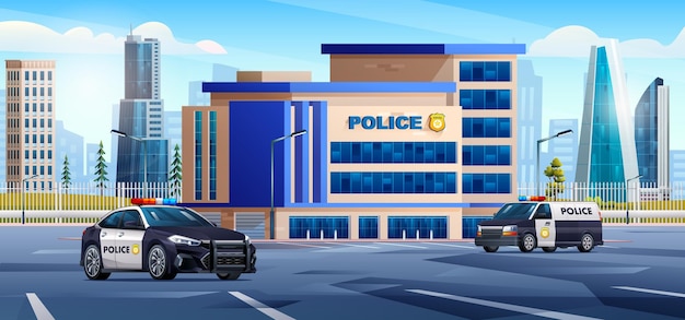 Vector police station building with police cars and city landscape police department office on cityscape