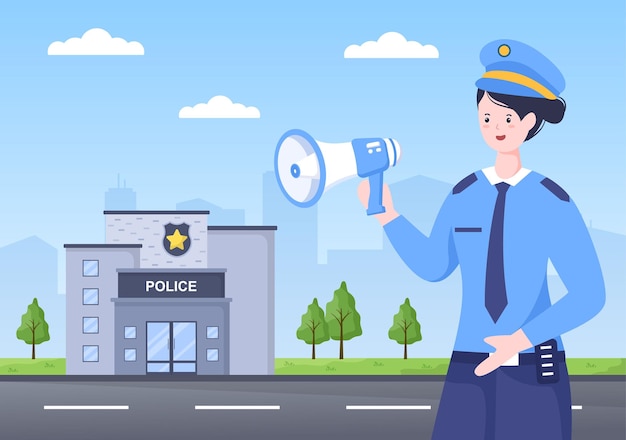 Police Station Department Building Vector Illustration with Policeman and Car on Flat Cartoon Style