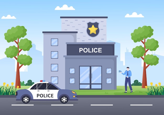 Police Station Department Building Vector Illustration with Policeman and Car on Flat Cartoon Style