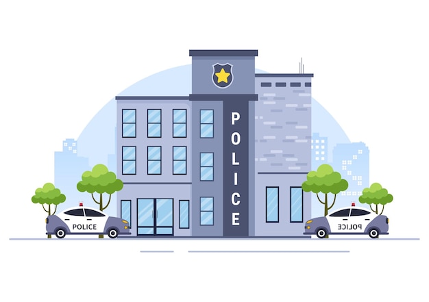 Police station department building with policeman and police car in flat style background illustration