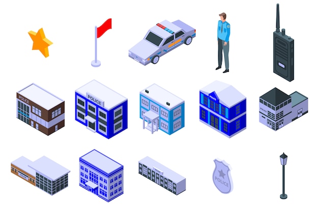 Police station icons set, isometric style