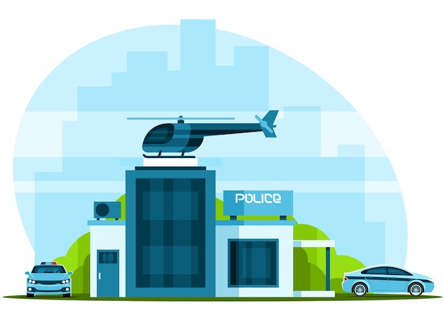 Police station with helicopter and police cars on city background Vector graphics