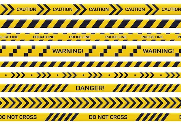 Police yellow line crime barrier warning lines security tapes and caution danger ribbons flat vector illustration set not cross security line collection