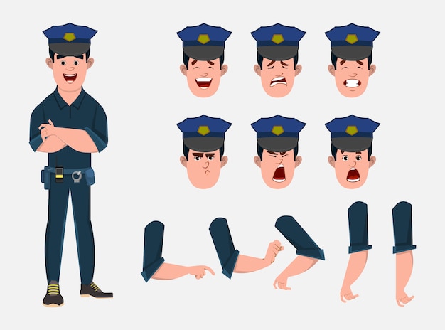 Policeman cartoon character set for your animation, design or motion with different facial emotions and hands.