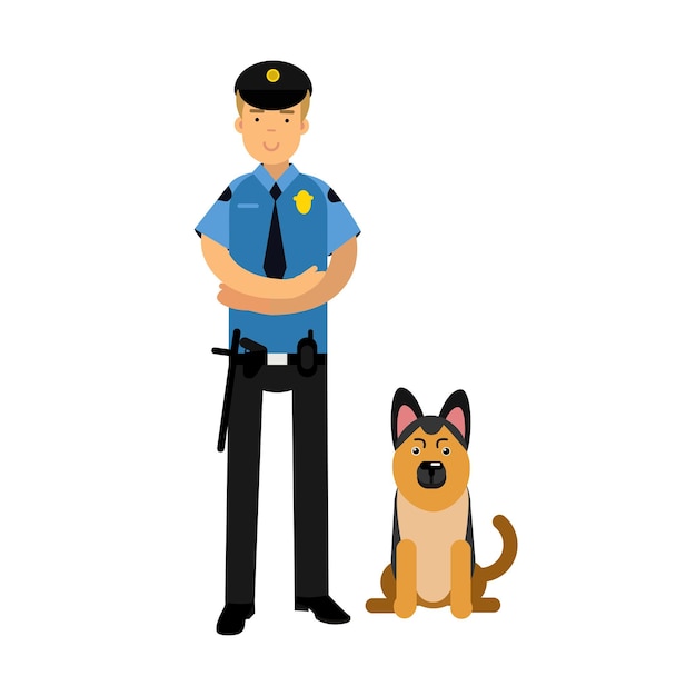 Vettore carattere del poliziotto in un'uniforme blu che sta con il pastore tedesco, illustrazione di vettore del cane della polizia su un background . bianco