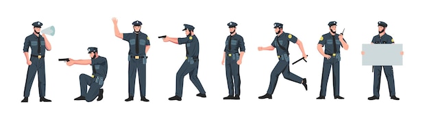 Policeman characters Cartoon police officer in different poses cartoon patrol cop and guard person in uniform doing security justice job Vector set