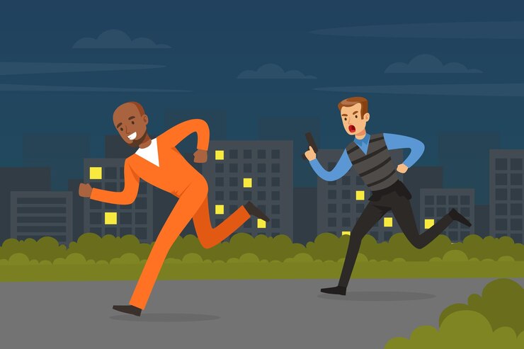 Vector policeman or cop as warranted law employee running after escaping prisoner vector illustration
