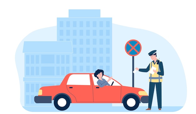 Vector policeman and driver traffic cop give parking ticket driving mistake officer fine to man in car prohibited park auto recent vector city scene with inspector policeman cop illustration