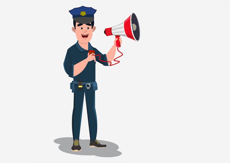 वेक्टर पुलिसकर्मी हाथ माइक से घोषणा करता है।