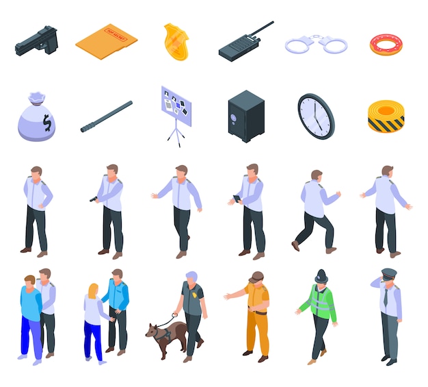 Vector policeman icons set, isometric style