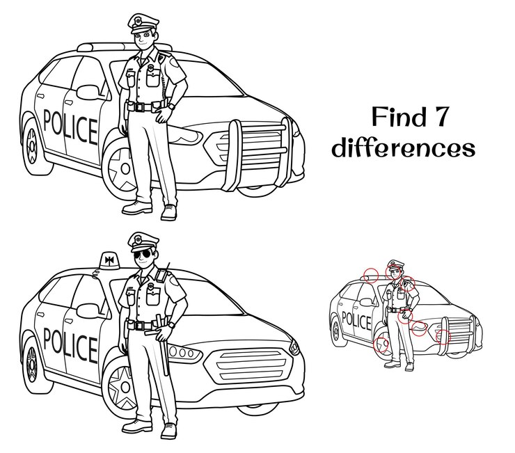A policeman next to a police car Find 7 differences Tasks for children Vector illustration