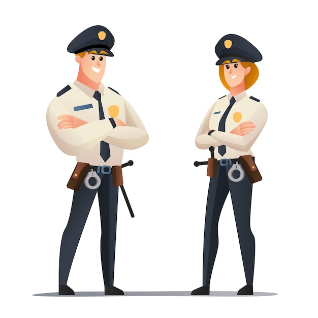 Policeman and police woman officer cartoon character set