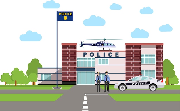 Vector policeman policewoman officer with police station department building car and helicopter